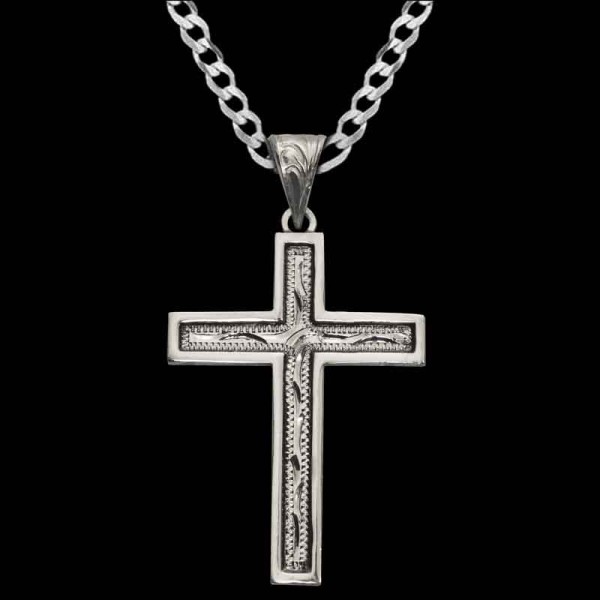 Our Adam Cross Pendant is handcrafted on a German Silver base, featuring a classic traditional design with hand-engraved scrollwork and a smooth edge.

Size: 1.5"" x 2.0""

Get a Sterling Silver chain at a discounted price when you